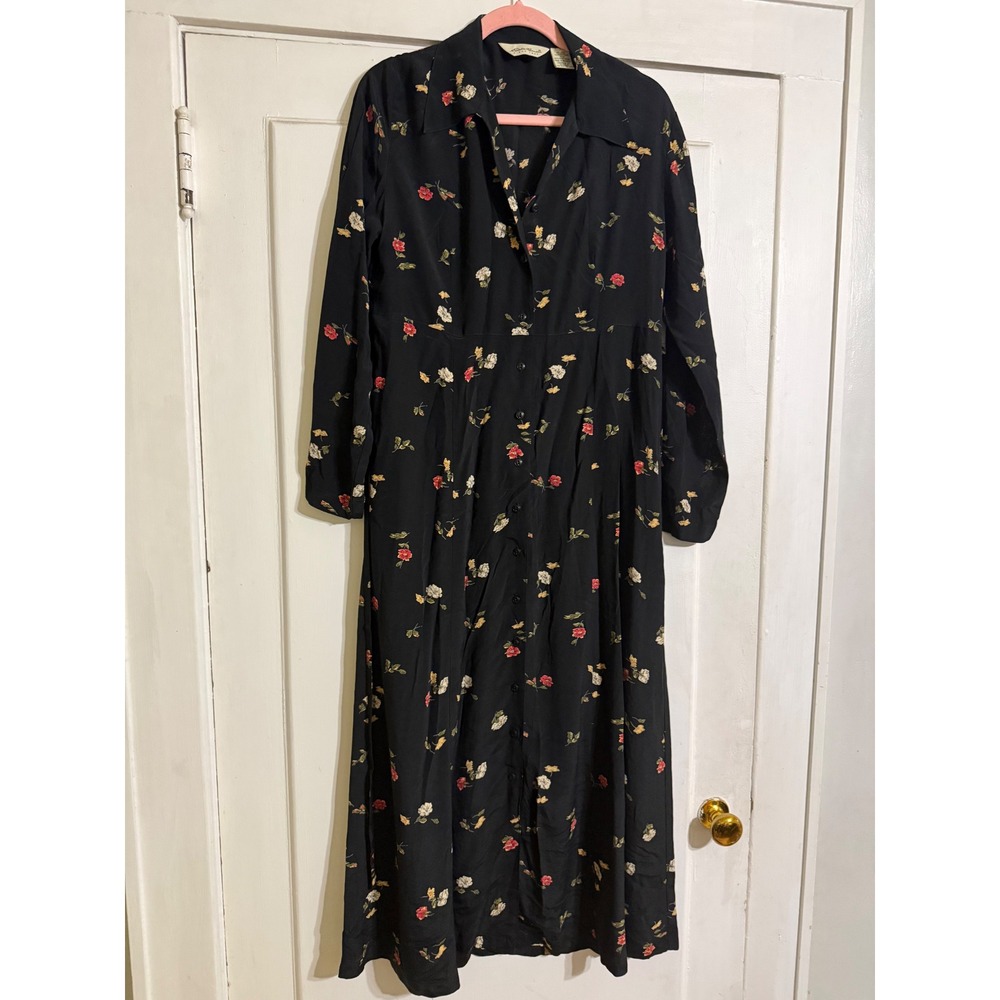 Eddie Bauer Vintage Black Floral Rayon Maxi Shirt Dress Long Sleeve Women Medium